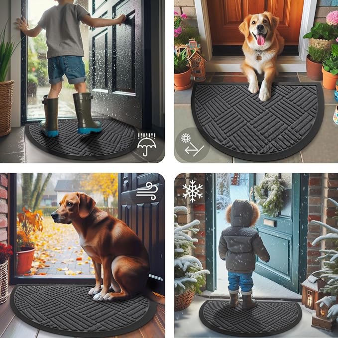 Smiry Half Circle Front Door Mat Outside Entrance,Heavy Duty Outdoor Indoor Natural Rubber Doormat,Non Slip,Trap Dirt and Moisture,Easy Clean,Low Profile Patio Porch Entryway Mat,29.5x17, Light Grey