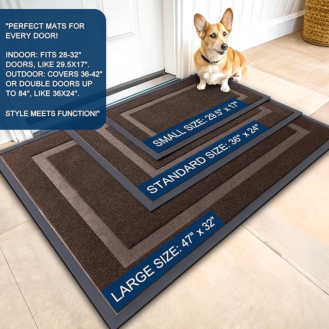 OLANLY Front Door Mat Indoor Outdoor Entrance, Waterproof All-Season, All-Weather Doormat, Sturdy Natural Rubber, Fade Resistant, Low Profile, Easy Clean Patio Porch Entryway Mat, 35x23, Dark Brown