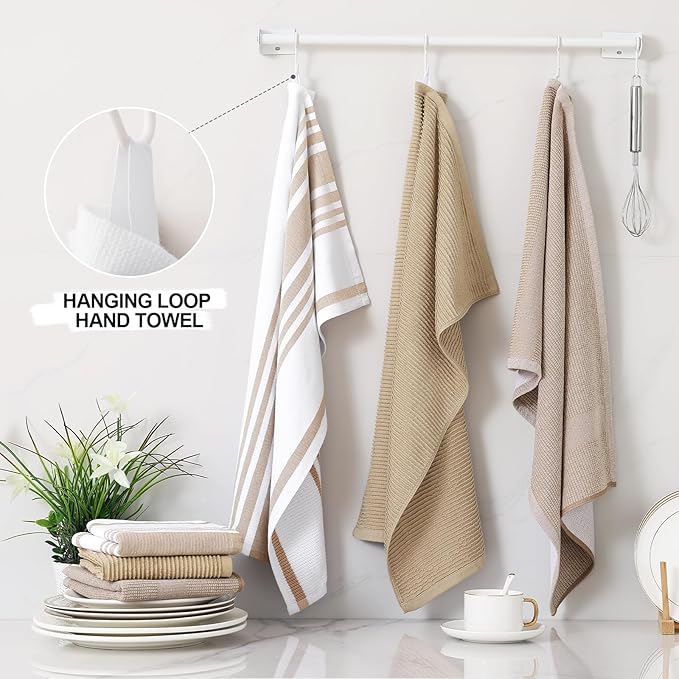 Homaxy Premium Kitchen Towels(18”x 28”, 3 Pack), Large Cotton 380 GSM Kitchen Hand Towels, Soft and Absorbent Terry Dish Towels, Multipurpose Tea Towel Set with Hanging Loop, Khaki