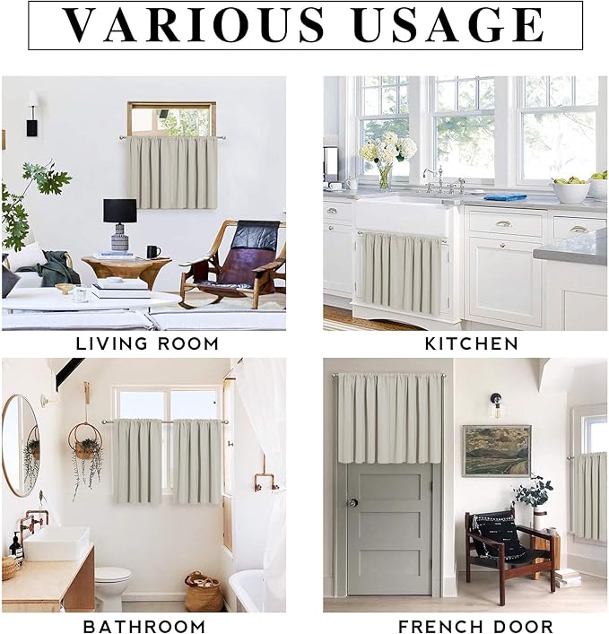RYB HOME Blackout Short Cafe Curtains, Privacy Light Block Small Window Curtains for Bedroom Kitchen Basement Dining Classroom, W 29 x L 24 inches, Natural, 2 Panels