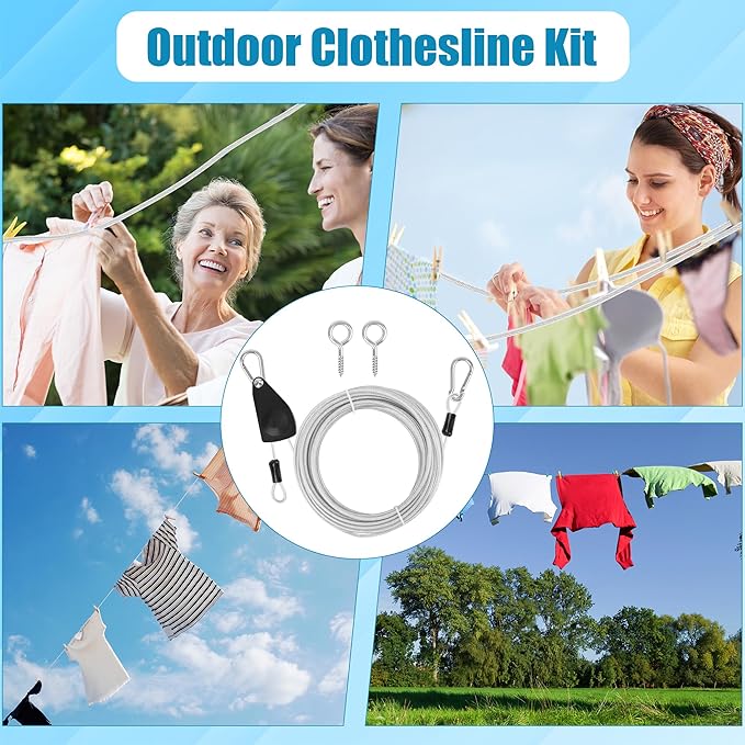 20FT/ 40FT Retractable Travel Clothesline, Adjustable Outdoor Clothesline Drying Clothes Line Laundry for Travel Camping, with Ratchet Pulley/ 2 Screws/ 2 Buckles (Black+Silver, 236, Inches)
