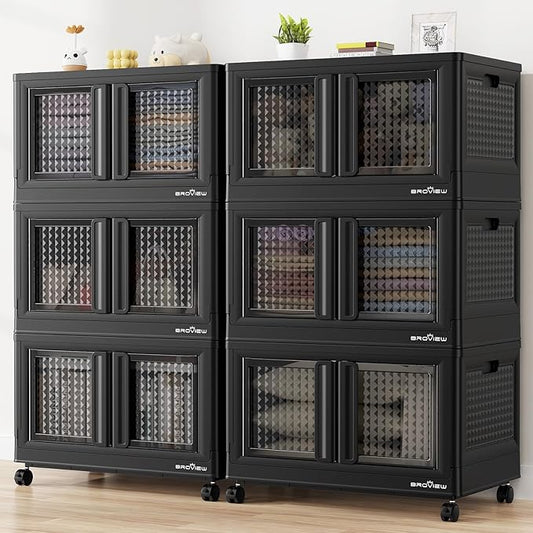 BROVIEW 120Gal Stackable Storage Bins with Lids & Wheels, 480Qt Plastic Collapsible Closet Organizer and Storage Drawers, Storage Boxes Cabinets for Home, Office, 6 Pack, Black