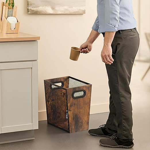 Piskyet Rustic Office Trash Can for Near Desk, 4.5 Gallon Unique Wood Bedroom Garbage Can,Vintage Wastebasket with Handle, Decorative Trash Can for Home Office,10.8" L x 7.8" W x 11.8" H