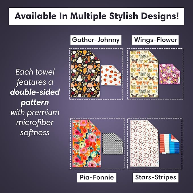 Microfiber Hand Towel & Washcloth Set of 2 - Double-Sided, Waffle Weave, Super Absorbent, Lint-Free, Fast Drying - Jonny & Gather Pattern for Bathroom, Kitchen, Car, and Window Cleaning