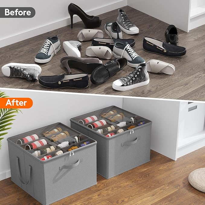 Lifewit Shoe Storage Organizer for Closet Fits 12-16 Pairs, Fabric Large Shoe Box Storage Containers with Clear Cover, Foldable Bins Fit for Boots Sneakers 17"(L) x 17"(W) x 12.5"(H) 2 Pack Light Gray