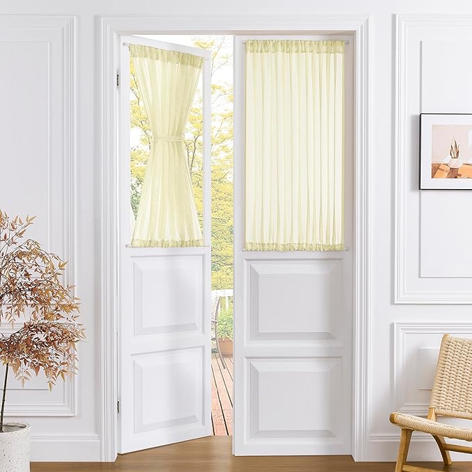 Tollpiz Short Sheer Door Curtains Closet Linen Textured Curtains Sheer Doorway Light Filtering Voile Patio Door Rod Pocket Curtain French Door, 54 x 40 inches Long, Transparent Yellow, Set of 1 Panel
