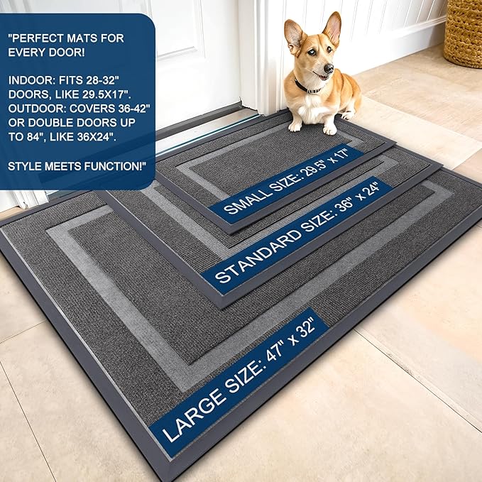 OLANLY Front Door Mat Indoor Outdoor Entrance, Waterproof All-Season, All-Weather Doormat, Sturdy Natural Rubber, Fade Resistant, Low Profile, Easy Clean Patio Porch Entryway Mat, 71x47, Dark Grey