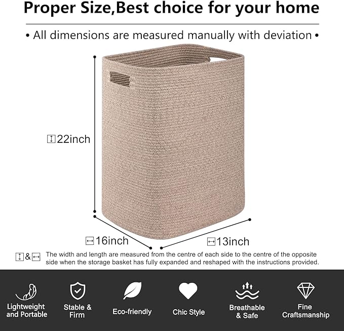 OIAHOMY Laundry Hamper, Rectangle Cotton Laundry Basket with Handles, Large Blanket Basket for Living room, Woven Decorative Storage for Toys,Clothes,Pillows-16x13x22in-Brown variegated