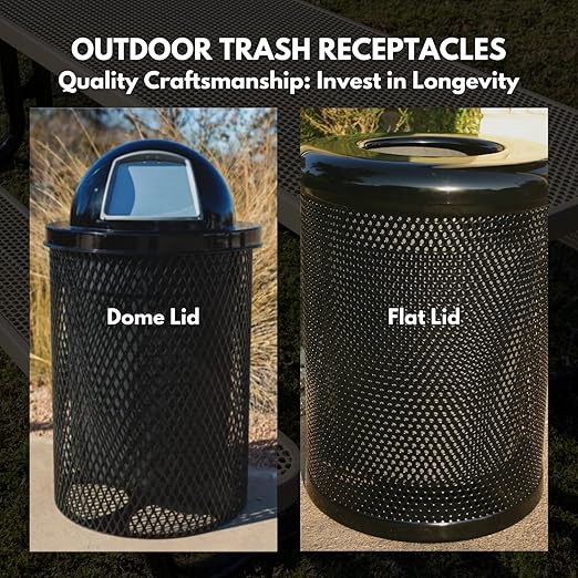 COATEDOUTDOORFURNITURE RDT-TXTBLK Heavy Duty 32 Gallon Round Trash Receptacle, Liner Included, Textured Black with Black Steel Dome Top, Made in America