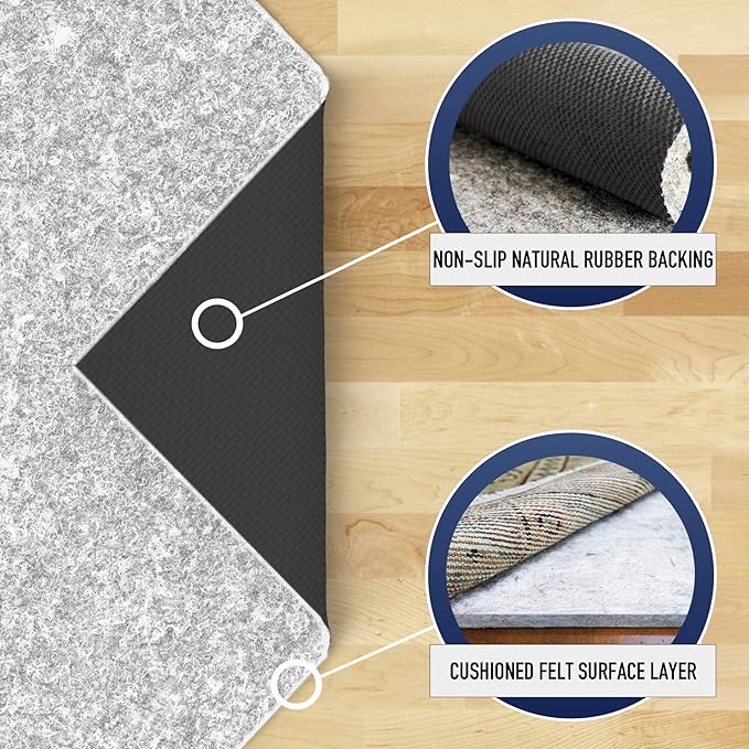 RUGPADUSA - Dual Surface - 9'x11' - 1/4" Thick - Felt + Rubber - Non-Slip Backing Rug Pad - Safe for All Floors