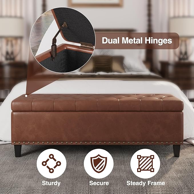 Storage Ottoman Bench, 51-Inch Large Storage Bench for Bedroom End of Bed, 30 Gallons Faux Leather Bench for Bedroom, Living Room, Entryway, Hallway, Brown