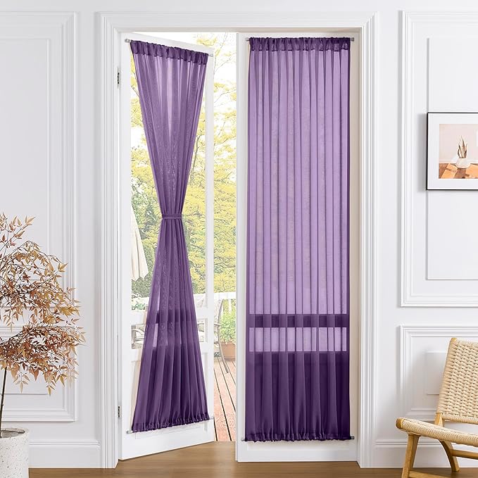 Tollpiz Sheer Door Curtain Closet Linen Textured Curtain Sheers Doorway Light Filtering Voile French Door Rod Pocket Curtains Patio Glass Door, 25 x 80 inches Long, Royal Purple, Set of 1 Panel