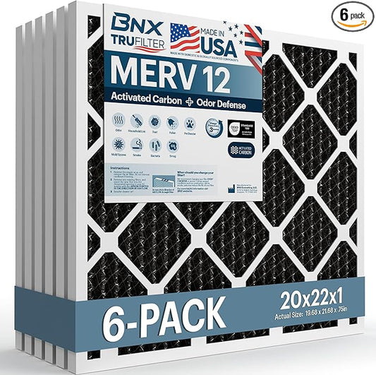 BNX TruFilter 20x22x1 MERV 12 Odor Defense (6-Pack) AC Furnace Air Filter with Activated Carbon - MADE IN USA - Pleated Air Conditioner HVAC AC Furnace Filters - Removes Odor, Mold, Bacteria, Smoke