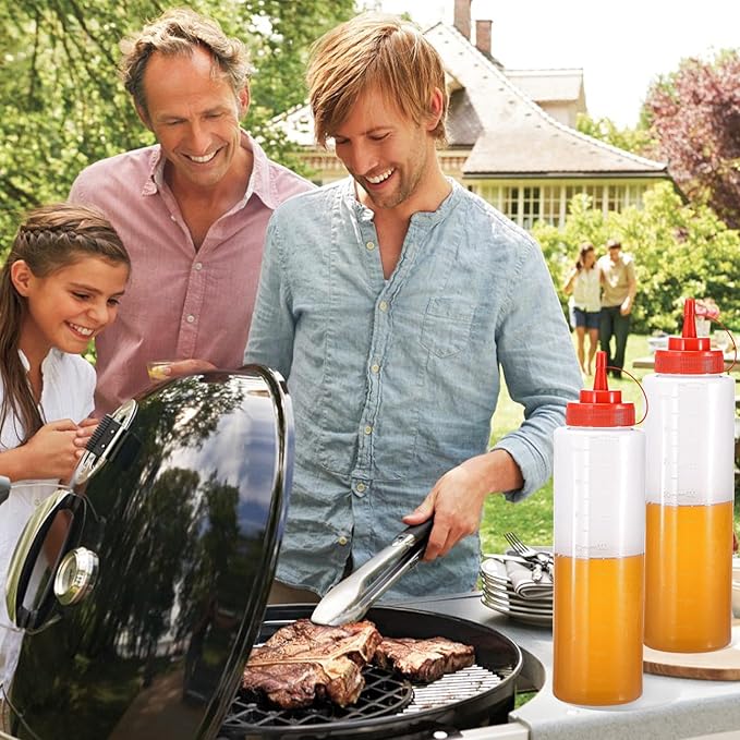Condiment Squeeze Bottles Ketchup Dispenser, 6 Pack 32oz Squeeze Bottles for Liquids, Plastic Sauce Bottle with Cap Lid, Squirt Bottles for Sauces Liquids BBQ Dressing Pancake Art