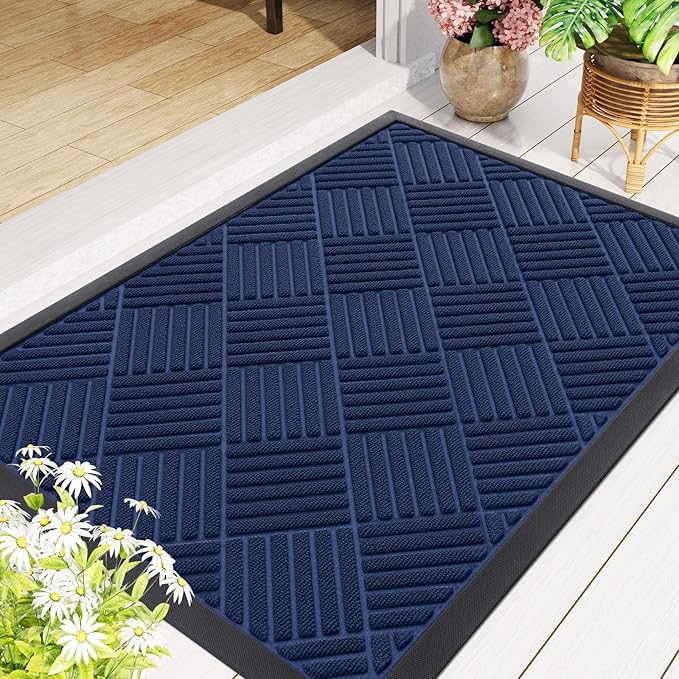 Smiry Front Door Mat Outside Entrance, Heavy Duty Outdoor Indoor Natural Rubber Doormat, Non Slip, Trap Dirt and Moisture, Easy Clean, Low Profile Patio Porch Entryway Mat, 59x23, Navy Blue
