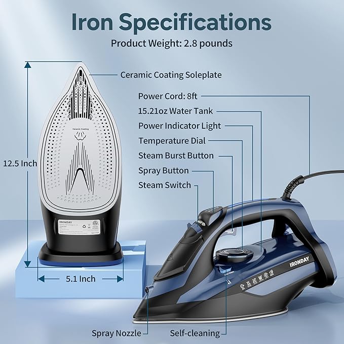 Steam Iron for Clothes Fast Heating, 1700W Iron Precision with Thermostat Dial, Ceramic Soleplate, Auto shutoff, Burst Steam, Self-Cleaning, 15.21oz Water Tank Ironing Clothes for Home, Blue