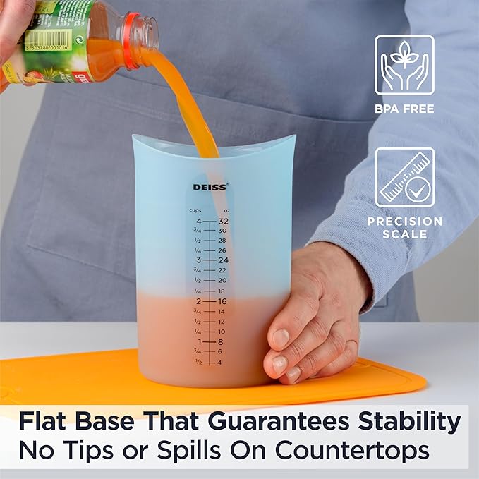Deiss PRO 3 Piece Silicone Measuring Cup Set - Versatile & Durable, Easy-Pour Spout, Non-Stick for Easy Clean, Heat-Resistant - Squeeze & Pour Liquid Measuring Cups - Ideal for Baking, Cooking, Resin