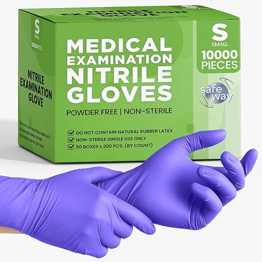 SafeWay Nitrile Disposable Gloves — Multi-Purpose Powder-Free, Non-Latex, Medical Use, and Textured Fingertips for Food Prep, Cleaning, Tattoo, Nursing, Lab, Examination, & More — (10000 pcs, Small)