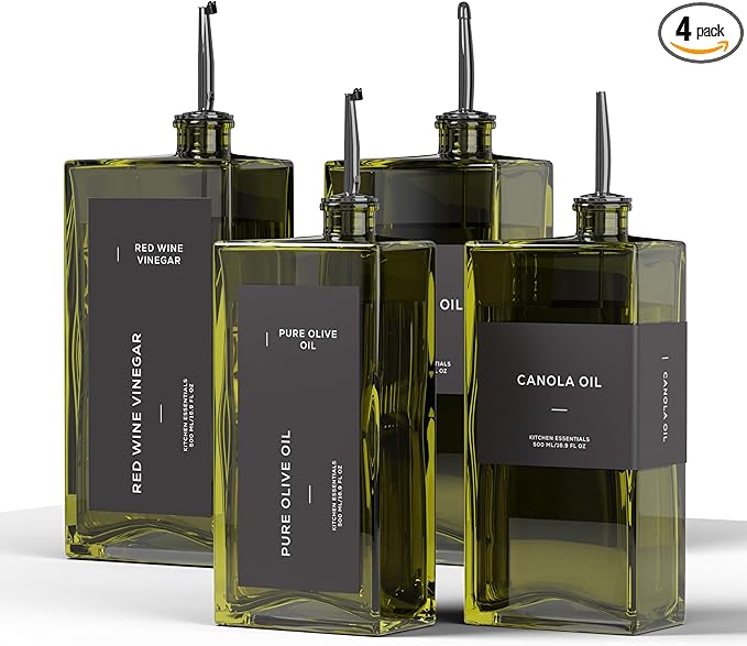 Olive Oil Dispenser for Kitchen, 16.9 oz/ 500 ml Olive Oil Dispenser Bottle, Glass Oil Bottles for Kitchen with 8 Stainless Steel Pourers, 40 Labels, 4 Pcs, Green