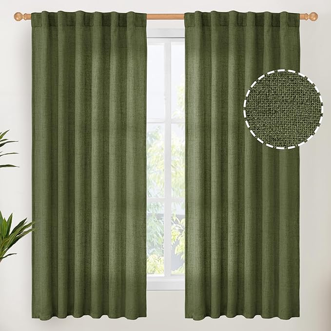 YoungsTex Olive Green Linen Curtains 63 Inch Length for Living Room, Light Filtering Textured Drapes with Rod Pocket/Back Tab Semi Sheer Window Treamtments for Bedroom, 2 Panels, 52 X 63 Inch