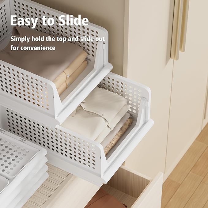 Proarea Stackable Plastic Storage Basket Closet Organizer Bin Foldable Clothes Organizer Storage Drawer Shelf Container for Living Room Bathroom Kitchen Office Laundry Room