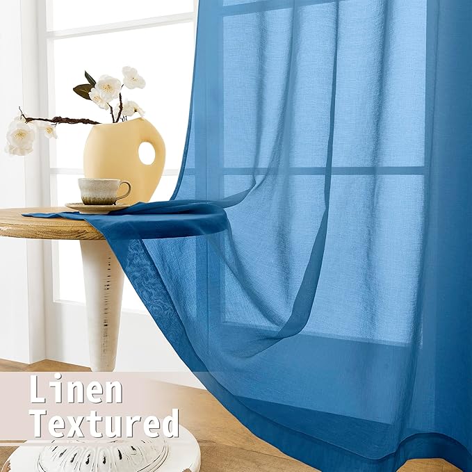 Tollpiz Sheer Door Curtain Closet Linen Textured Curtains Sheer Doorway Light Filtering Voile Patio Glass Door Rod Pocket Curtain French Door, 54 x 72 inches Long, Classic Blue, Set of 1 Panel