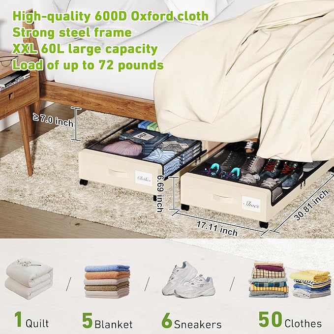 Under Bed Storage with Wheels, Under the Bed Storage Containers with Clear Lids & Label, Underbed Storage Bins, XXL 60L Rolling Metal Drawer for Clothes, Shoes, Toys, Books (Beige)