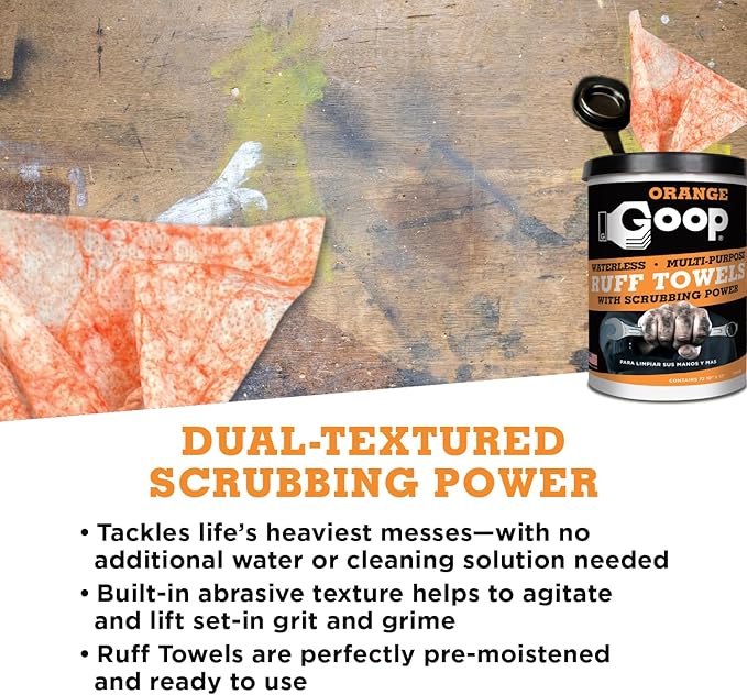 GOOP Orange Heavy Duty Ruff Towels with Scrubbing Power, 10” x 12” Dual Textured Multi-Purpose Cleaning Wipes, Removes Dirt, Grease, Oil, 72 Count (Pack of 2)