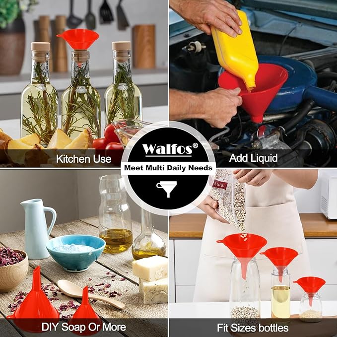 walfos 4pcs Kitchen Plastic Funnel (NO BPA),Automotive Funnel for Liquid Transfer,funnels for Filling Bottles, containers or Kitchen funnels for Laboratory use. red（4.7in&3.7in&2.7in&2in