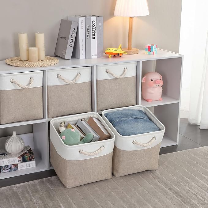 Mangata Canvas Storage Boxes, 13 Inch Cube Storage Bins Set of 6, Fabric Baskets with Cotton Rope Handle for Organizing Clothes Nursery Home (Khaki/White)
