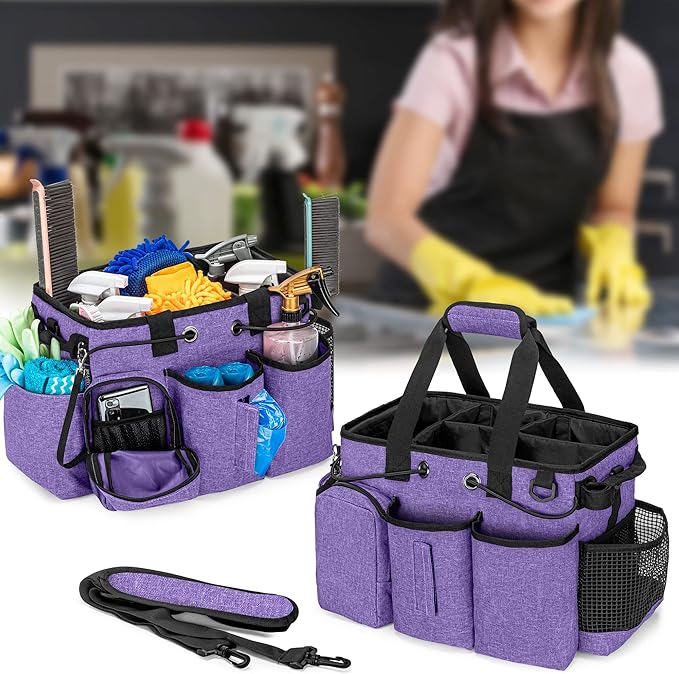 LoDrid Large Wearable Cleaning Caddy Bag with Detachable Divider, Cleaning Supply Tote Organizer with Handles and Adjustable Shoulder Strap for Cleaners & Housekeepers, Purple