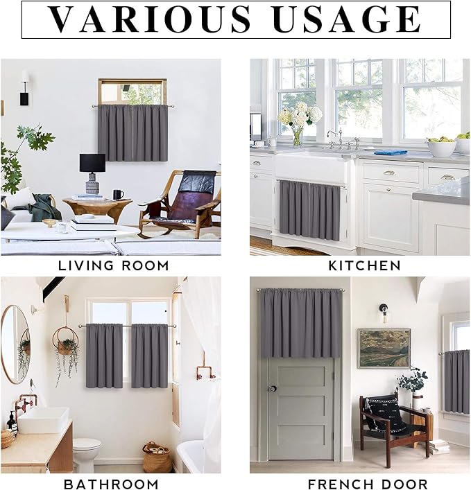 RYB HOME Blackout Curtains for Bedroom, Small Window Valances Tiers Curtain Set Light Block Privacy Drapes for Kitchen Kids Nursery Bathroom, W 52 x L 36 per Panel, Grey, 1 Pair
