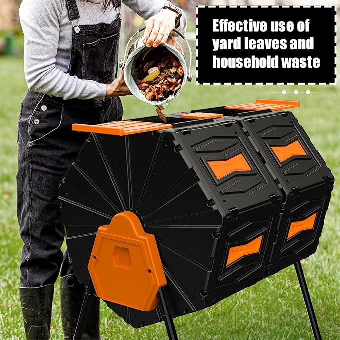 Compost Tumbler, Easy Assemble & Efficient Outdoor Compost Bin, 45 Gallon/170 Liter Large Dual Chamber Rotating Composter for Garden, Kitchen, and Yard Waste, Orange Door