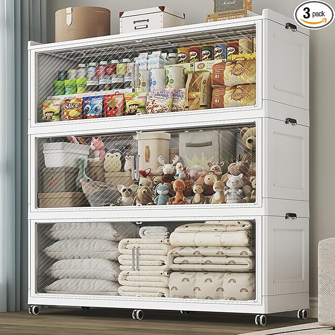 240 Gallon Extra Large Collapsible Storage Bin with Lid, 960QT Stackable Plastic Organizer with 6x Wheels, Foldable Drawer Cabinet for Closet, Living Room Office Dorm 3Pack, White