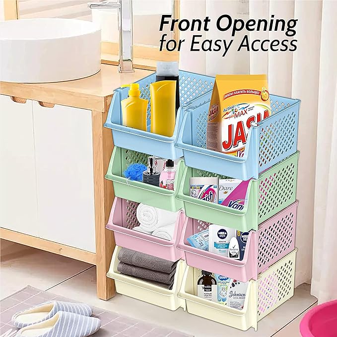 Skywin Plastic Stacking Bins Open Front for Pantry, 12-Pack Stackable Bins For Organizing Food, Kitchen, and Bathroom Essentials (Multi)