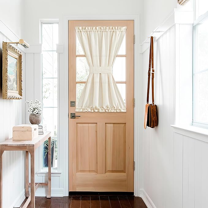 NICETOWN Faux Linen Kitchen Bathroom Door Curtains 40 Inches Length, Farmhouse Dual Rod Pocket Sheer French Door Curtains for Glass with Tieback for Privacy Protection, 1 PC, 36x40, Beige
