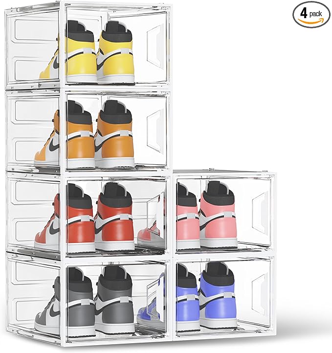 Shoe Storage Boxes Fit Size 13, White Plastic Stackable Shoe Organizer for Closet, Shoe Rack & Holder Sneaker Container, Thicken & Sturdy 6-Sided Hard Clear White 6 Pack
