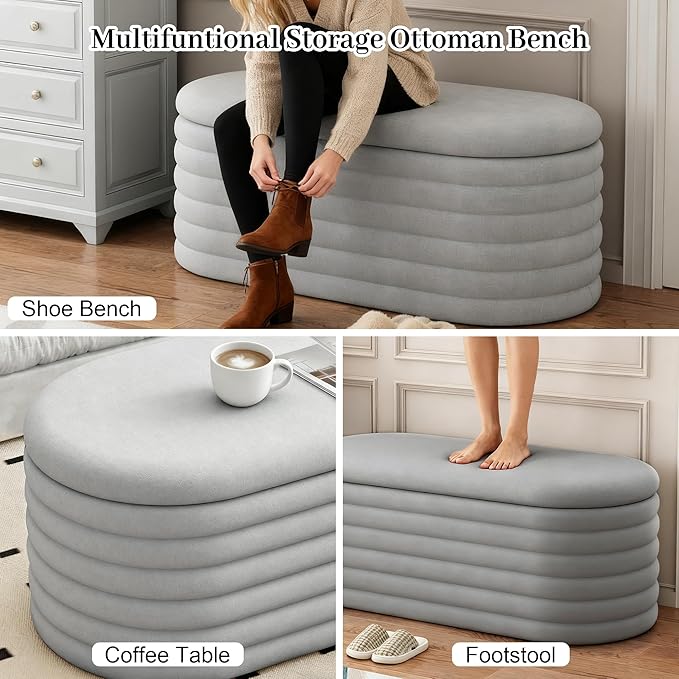 Storage Ottoman Bench, 40" Storage Bench, Upholstered Fabric Storages Benches End of Bed Stool with Safety Hinge, Shoe Storages Benches for Bedroom, Living Room, Entryway, Closet,Light Grey