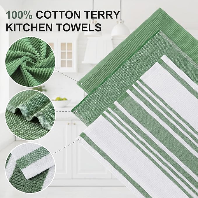 Homaxy Premium Kitchen Towels(18”x 28”, 9 Pack), Large Cotton 380 GSM Kitchen Hand Towels, Soft and Absorbent Terry Dish Towels, Multipurpose Tea Towel Set with Hanging Loop, Grass Green