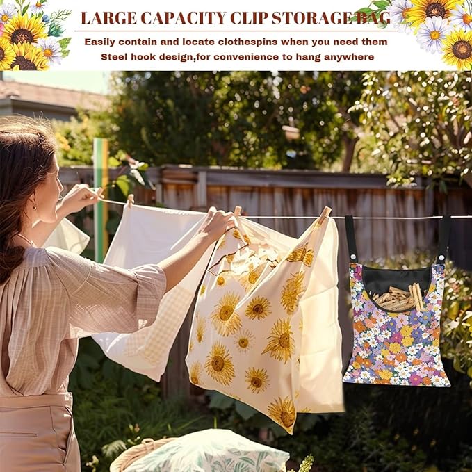 2 Pcs Pin Bag, Hippie Flower Print Hanging Bag with Large Opening Washable Clothes Pin Hanging Bag Easy to Use Storage Clothes Pins & Wooden Clothespins for Outdoor