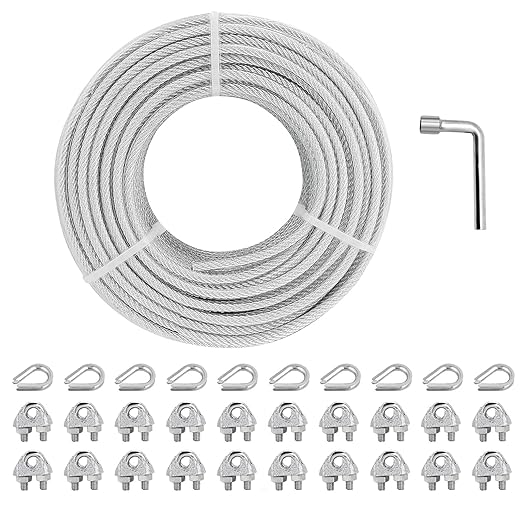 1/8" Wire Rope Kit, 100 Ft PVC Coated Steel Cable Guide Wire Tensioner Strainer Kit w/ 7×7 Strand Core Steel Wire for String Light Hanging Kit/Decking & Stair Railings/Shade Sails/Clothes Line
