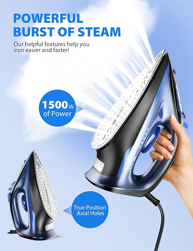 Sundu Steam Iron for Clothes with Rapid Heating Ceramic Coated Soleplate,1500W with Precise Thermostat Dial,Self-Cleaning, Auto-Off,11.84oz Water Tank for Home Clothes Ironing Use,0604C