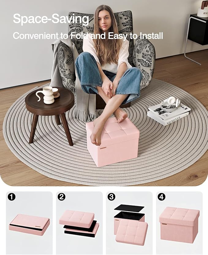 Folding Storage Ottoman, Velvet Storage Bench, Footrest, Foot Stool,for Living Room, Bedroom and Office,12.2 x 16.1 x 12.2 Inches, 200 kg Load Capacity,Jelly Pink,UASND03P