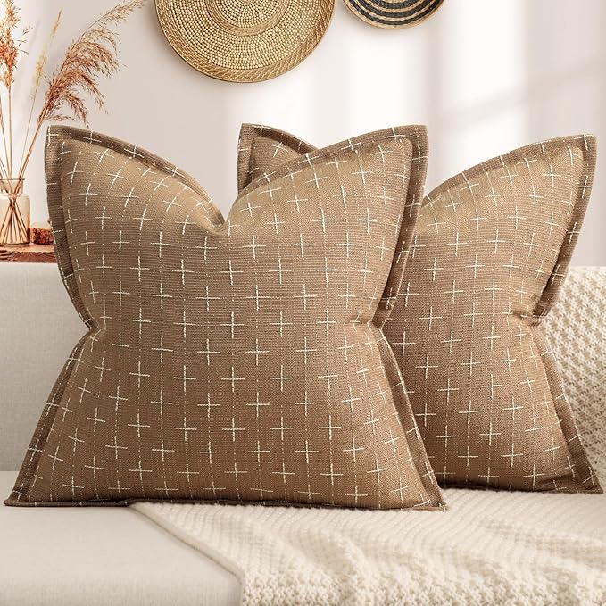 ZWJD Throw Pillow Pillow Covers 18x18 Set of 2 Soft Polyester Textured Pillow Covers with Stylish Flange Edge Cozy Farmhouse Throw Pillows for Couch Bed Sofa Living Room