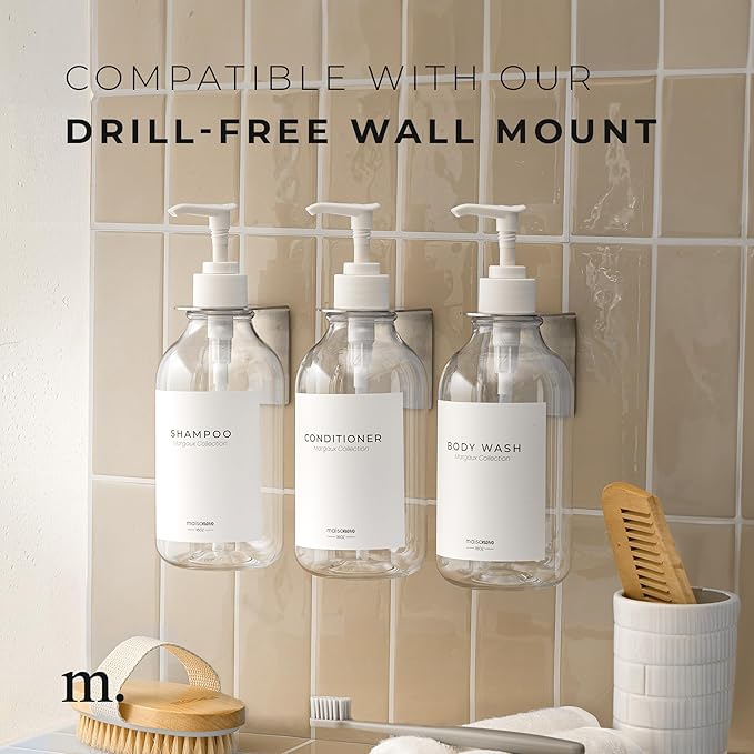 MaisoNovo Refillable Shampoo and Conditioner Bottles | 16.9 fl oz Set of 3 Clear Plastic Bottles White Pumps