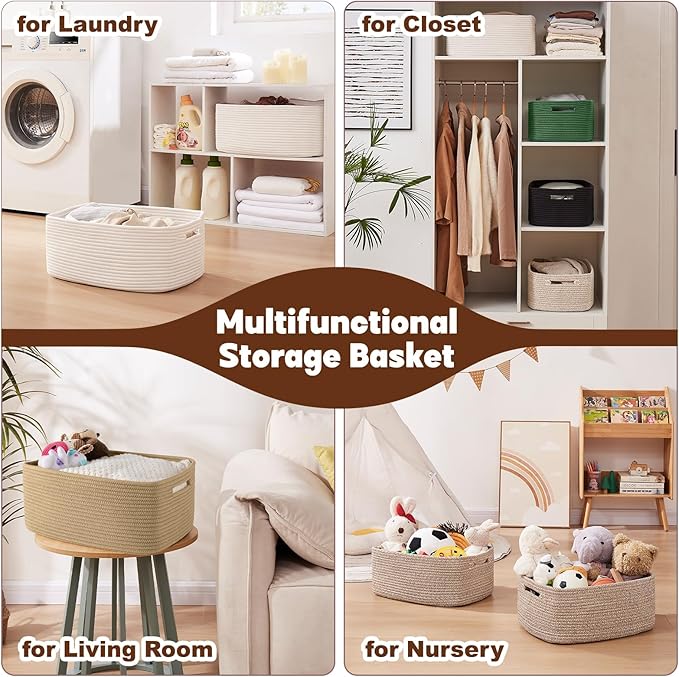 OIAHOMY Storage Basket for Shelves, Closet Cube Storage Bins Baskets for Clothes Blanket Towels, Baby Nursery, Toy Baskets Box, Woven Rope Basket, 15.75*11.81*7.09 IN, 2 Packs White
