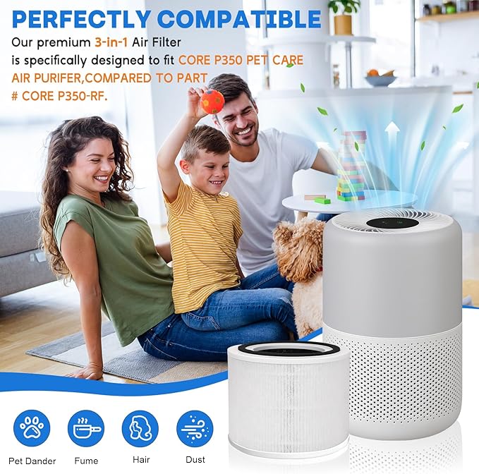 Core P350 Pet Care Air Filter Replacement for Air Purifier, 3-in-1 H13 True Replacement Filter, Activated Carbon Air Purifier Pre-Filter, 1 PC, White