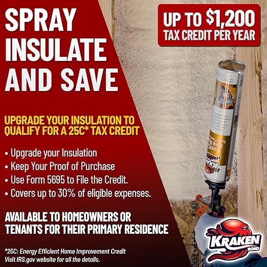 Kraken Bond Fastcoat Fire Rated Spray Foam Insulation (48x27.1 oz.) (R-Value 11.32 / 2in) Closed Cell Expanding Foam - Heat and Acoustic Insulation, 1 Gun & 4 Cleaner Included, 960 Board Ft, 48 Pack