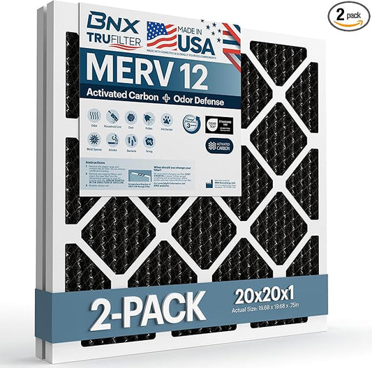 BNX TruFilter 20x20x1 MERV 12 Odor Defense (2-Pack) AC Furnace Air Filter with Activated Carbon - MADE IN USA - Pleated Air Conditioner HVAC AC Furnace Filters - Removes Odor, Mold, Bacteria, Smoke