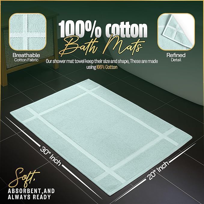 Pearl Linens Pack of 6 100% Cotton Bath Mat 20x30 inches, Soft & Absorbent Quick Dry Bathroom Mat Set, Not Bathroom Rugs, After Shower Mat, Bath Tub Mat, 687 GSM, Machine Washable, Mint Green